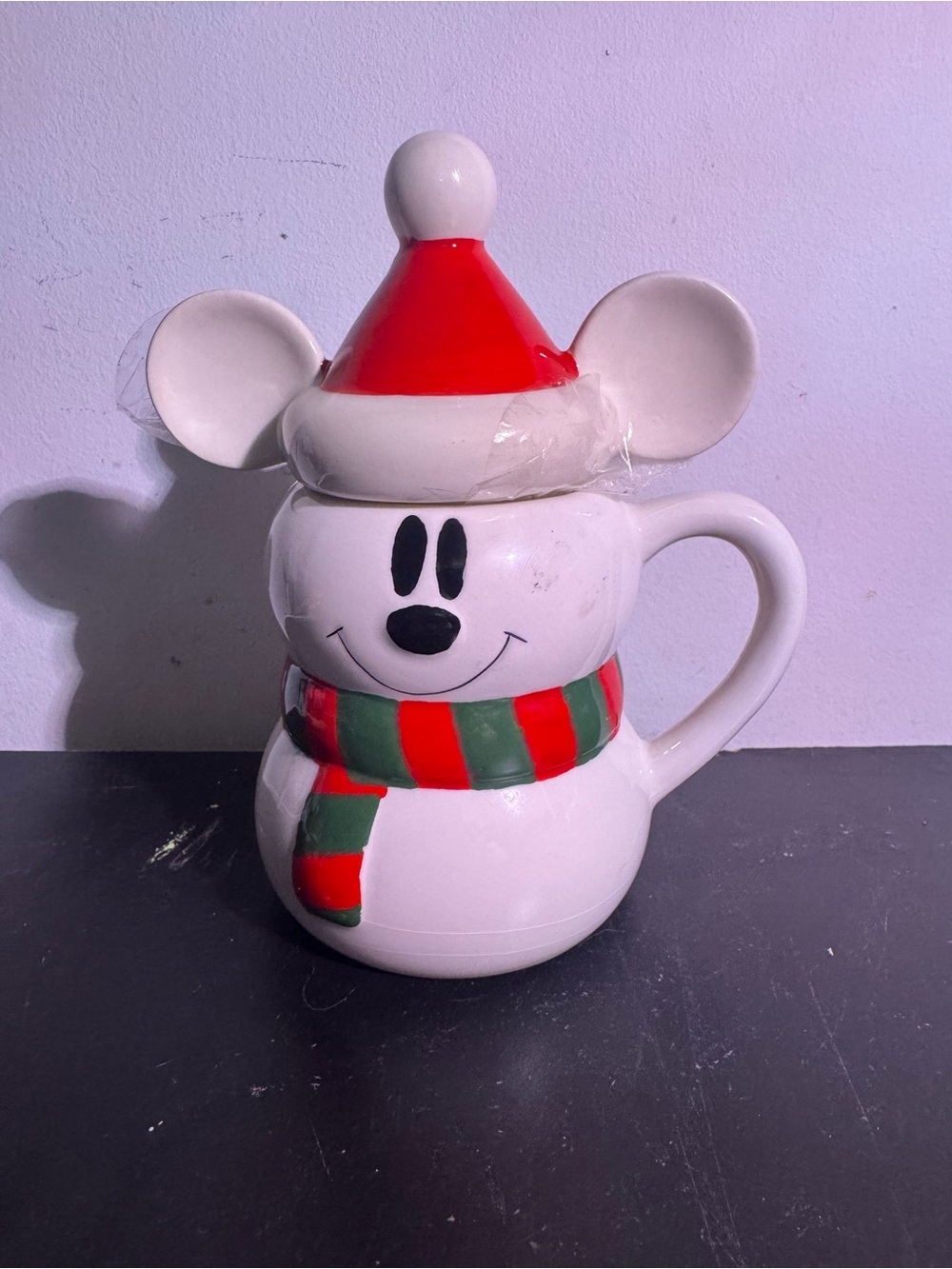 Disney Mickey Mouse Snowman Mug with Red Hat and Green-Red Scarf